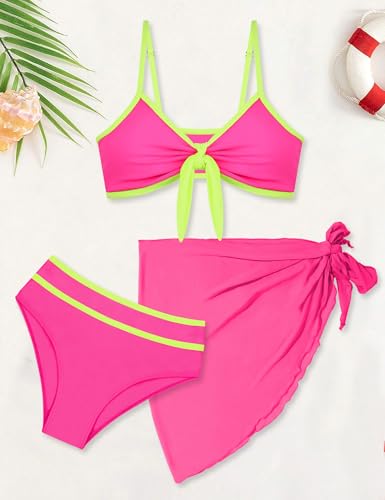 Image of Girls Swimsuit Bikini Set and Cover Up Skirt 3PCS Bathing Suit Removable Knot Dual-Use Girls Swimsuits Size 7-16