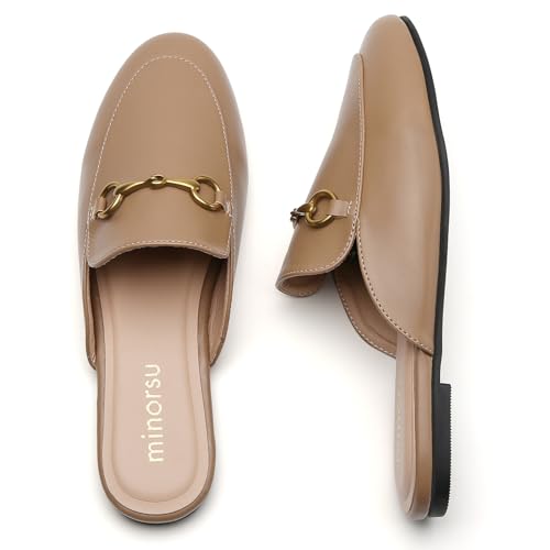 Image of Minorsu Buckle Mules for Women Flats Loafers Shoes for Work Office Business | Slip on,Round Toe,Backless,Slides, Casual