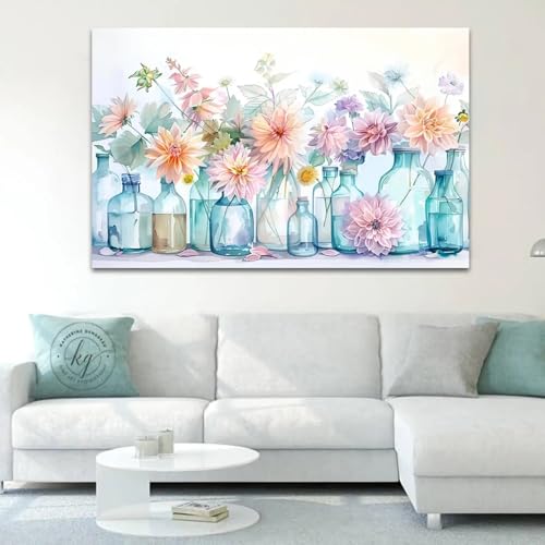 Peinture sur toile fleurs roses violettes en bouteille de verre 80x120 cm TONGYINLI Art Mural