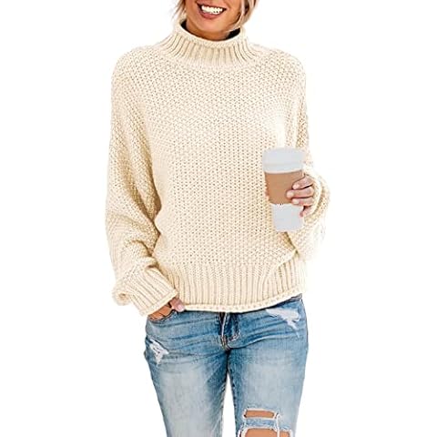 BLENCOT Women Oversized Jumper Twist Ribbed Sweater Long Lantern Sleeve Turtle Neck Sweatshirt Pullover, Z-beige, 14-16 Cover