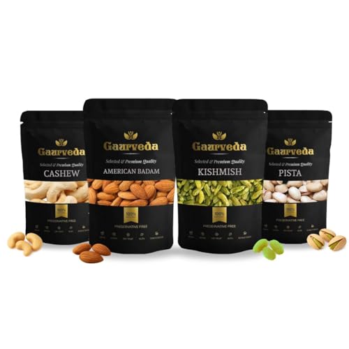 Image of GAURVEDA Premium Dry Fruits Mix: Almonds, Raisins, Cashews, Pistachios (100 Grams Each, Badam + Kishmish + Kaju + Pista)