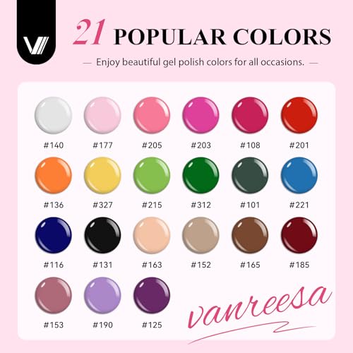 VANREESA 24 Pcs Gel Nail Polish Set - 21 Colors, Base Coat, Glossy & Matte Top Coat with Gel Polish Kit - Pink, Red, Orange, Green, Blue, Purple - Gifts for Women & Girls