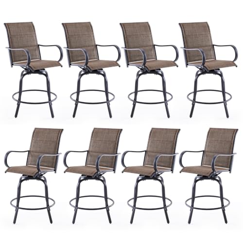 Image of Soohow Swivel Patio Bar Stools Set of 8, Textilene Padded Barstools Brown | 360 Swivel Tall Bar Height Chairs, Breathable Fabric, with Leveling Feet, Weather-resistant, for Balcony, Poolside, Yard