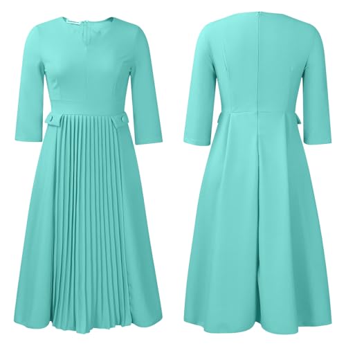Image of Work Midi Dress for Women 3 /4 Sleeve Vintage Ruffle A-line Pleated Dress Elegant Church Dress V Neck Business Casual Outfits