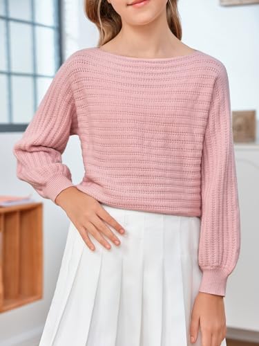Image of Mafulus Girl's Puff Long Sleeve Crewneck Pullover Sweaters Kids Cable Knit Hollow Out Slouchy Cute Fall Jumper Tops 5-14T
