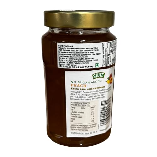 Image of Stute Peach Jam 430g, No Sugar Added, 90% Less Sugar & 30% Less Calories, Diabetic Friendly, Imported from UK