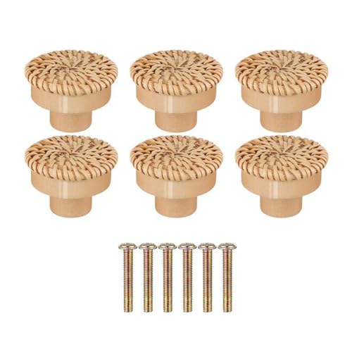 BE-TOOL 6PCS Rattan Dresser Knobs, Handmade Wooden Drawer Knobs, Easy to Install, for Cabinets, Furniture