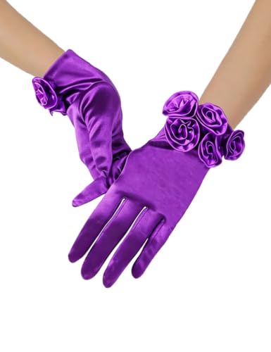 Goiruiya Short Satin Floral Gloves Elegant Wedding Dress Gloves for Opera Dinner Party Accessories Purple