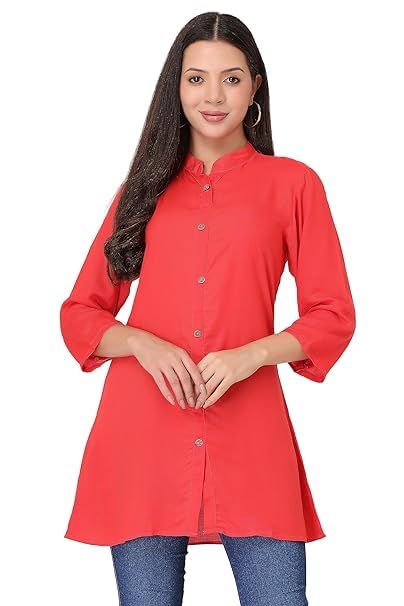Solid Rayon Top for Women/Girls | Collar Neck with Button Detailing | 3/4 Sleeves (Carrot-Red)-image-47