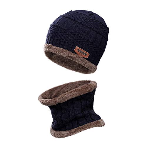 Gorro de Invierno para Niños Gorro de Punto Cálido y Bufanda Circular con Forro de Lana Conjuntos 2 en 1 Accesorios de Invierno Unisex, Marino Azul