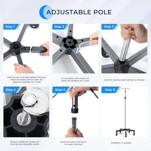 Konmee IV Poles with Wheels IV Stands 2 Hooks 5 Legs Rolling Base with Heavy Duty Stainless Steel, Adjustable Height - Thumbnail 7