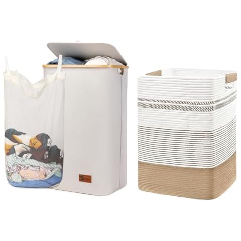 DOFASAYI Laundry Hamper with Lid - 120L Dirty Clothes Hamper with Removable Bag, 85L Large Woven Baskets for Storage, Cotton Rope Laundry Hamper, Decorative Storage Basket for Blankets,Two Piece Set Cover