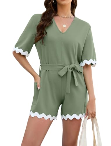 GAMISS Women's Romper with Pockets Summer Jumpsuit Casual Short Sleeve One Piece Vacation Beach Outfits Sage Green Medium