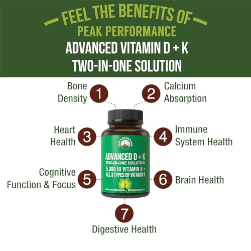 Peak Performance Advanced Vitamin D 5000 IU with All 3 Types of Vitamin K | Vitamin D3 and Vitamin K2, K1, MK-7 (MK7), MK4 Supplement. 60 Small and Easy to Swallow Vegetable Capsules.