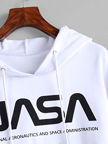 ZAFUL Cropped Hoodie American Flag NASA Logo Print Sweatshirt Drawstring Women Crop Pullover White-Hoodie M