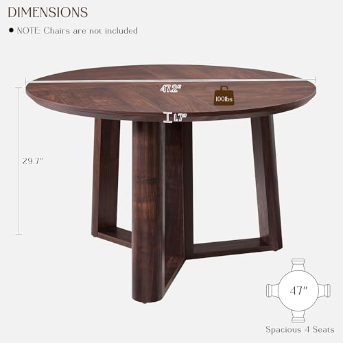 OKD 47\" Dining Table for 4-6, Round Dining Room Table with Triangular Structure Pedestal Stable Base, Curved Table Edge, Circle Kitchen Tables for Dining Room, Kitchen, Dark Walnut - Thumbnail 2