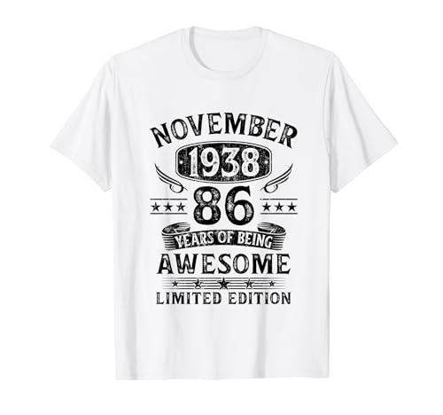 Regalo 86 Años Cumpleaños Hombre Mujer Noviembre 1938 Camiseta