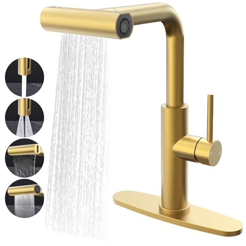 FROPO Waterfall Kitchen Faucet with Pull Down Sprayer, Brass Gold Kitchen Faucet, 4 in 1 Stainless Steel Single Lever Handle Kitchen Faucets with 4 Modes(Sweep/Stream/Waterfall/Spray), Brushed Gold