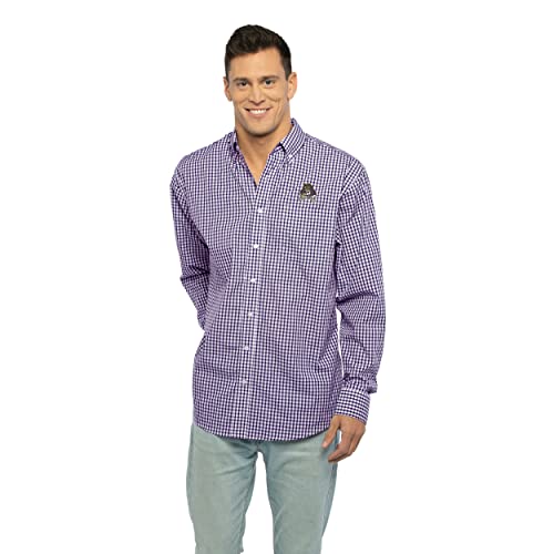 Vantage Apparel Men's Collegiate Easy-Care Long Sleeve Gingham Check Button Down Shirt, East Carolina Pirates, Purple, Medium
