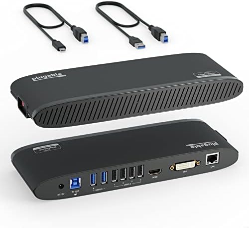 Plugable USB 3.0 Universal Laptop Docking Station for Windows and Mac (Dual Monitor: HDMI and DVI/HDMI/VGA, Gigabit Ethernet, Audio, 6 USB Ports) - Horizontal