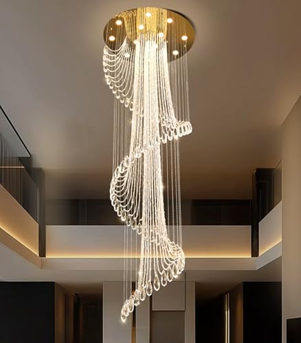 D32'' x H100'' Modern Crystal Chandelier for Foyer Glam Chandelier High Ceiling Chandeliers Large Raindrop Pendant Lights LED Dimmable Light Fixtures for Staircaes Living Room Entryway Gold