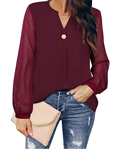 MCKOL Blouses & Button-Down Shirts Womens V Neck Chiffon Blouses Professional Wear to Work Office Shirts and Blouses Dressy Top for Women Loose Flowy Tunic Shirts Burgundy Wine XL