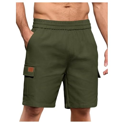 Xnova Shorts et Bermudas Homme Cargo Cotton Été Bermuda Homme à Taille Élastique avec Cordon Short Cargo Homme Multi Poches, Vert Militaire, M