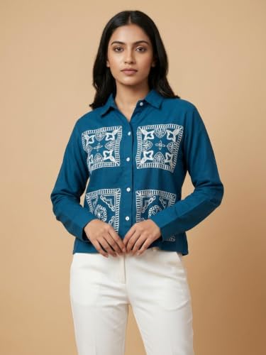 Image of Stylish Women's Embroidered Shirts | Geometric Pattern Half Sleeve Collared Button-Up Casual Shirt for Women