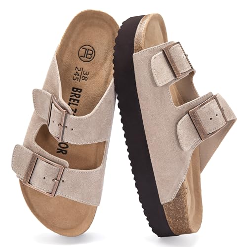 Image of Platform Sandals Women Suede Sandals Arch Support Summer Slides with Adjustable Buckle Open Toe