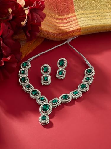 ZAVERI PEARLS Green Stones & Dazzling Austrian Diamonds Embellished Necklace & Earring Set For Women-ZPFK17196 - Image 3
