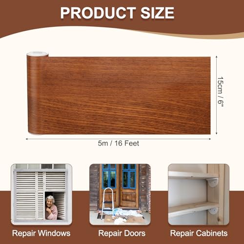 Image of MECCANIXITY Wood Grain Repair Tape, 6 Inch x 16 Feet Self Adhesive Wood Grain Tape Multi-Purpose Wallpaper Border Trim for Furniture Floors Windows Doors Tables Home, Red Oak