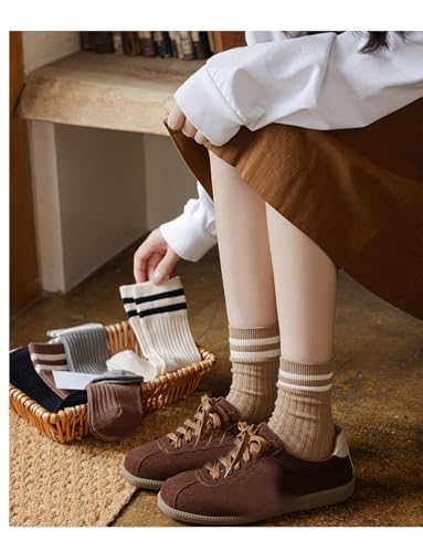 Image of Deeorla Womens Striped Crew Socks Brown Vintage Retro Athletic Socks 5 Pairs