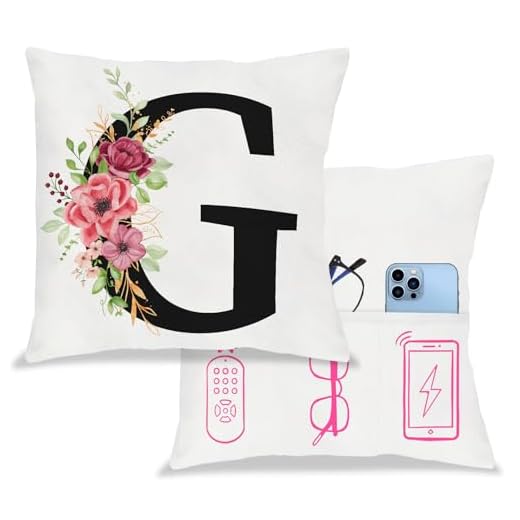 Idee regalo donna iniziali federa per cuscino bianco lettere Copricuscino con floreale 45x45 cm federa per cuscino con tasca, regali amica mamma regali personalizzati per natale compleanni (G)