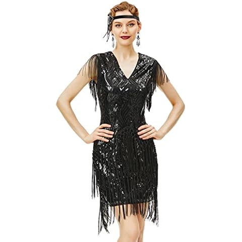 BABEYOND 1920s Flapper Dress Long Fringed Gatsby Dress Roaring 20s Sequins Beaded Dress Vintage Art Deco Dress Black Cover