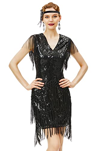 BABEYOND 1920s Flapper Dress Long Fringed Gatsby Dress Roaring 20s Sequins...