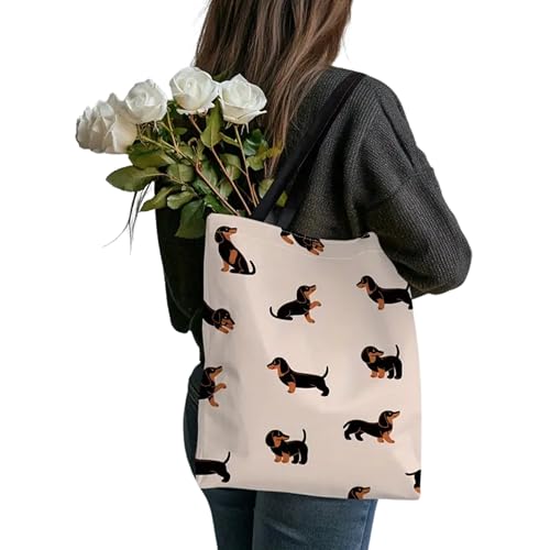 dalerno Dackel Tasche für Damen – Lustige Stofftasche mit Dackel Motiv, ideal als Einkaufstasche, Geschenk für Hundefans, Hundehalterinnen & Dackelliebhaber Dachshund – waschbar