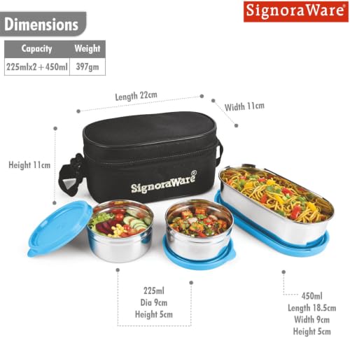 Image of SignoraWare Mini Double Decker Stainless Steel Lunch Box,(225ml+225ml+450ml, Blue), Dishwasher Safe, Retains Freshness & Quality, Best for Office Executives & Students, Picnics and Outings