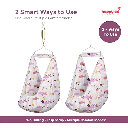 Image of Happykid Baby Cradle Set | Durable Cotton Cloth, Mosquito Net, Spring, Triangle and Window Hanger (White & Purple, Cradle (Without Window Hanger))