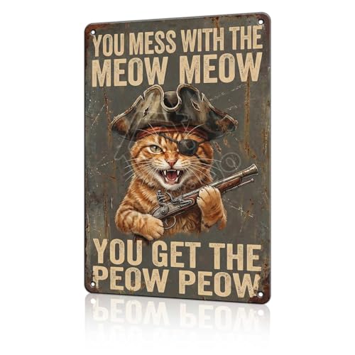 macago Pirate Cat Vintage Tin Sign Funny Nautical Bathroom Bar Man Cave Wall Art Decor - You Get The Peow Peow Metal Wall Decor 8x12