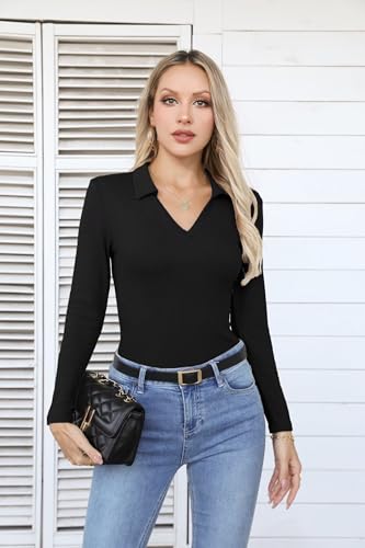 VICHYIE Womens Long Sleeve Shirts Lapel Collared V Neck Slim Fitted Ribbed Knit Trendy Tight Polo Tops3