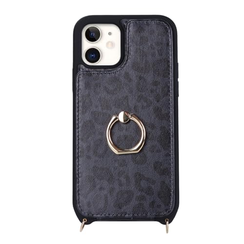Image of for iPhone 12 Mini Case with Card Holder and Strap for Women,Crossbody Lanyard,Kickstand Ring Stand,Snap Clasp,RFID Blocking,Cute Phone Wallet Cases 5.4 inch(Black Leopard)