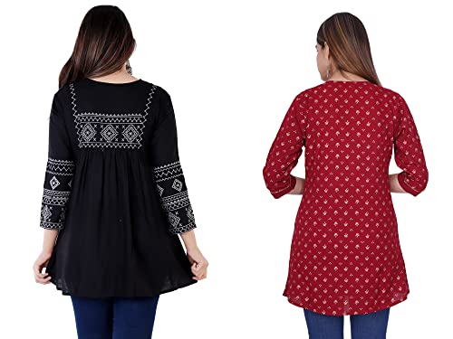 Image of Shiva Fab Short Kurti for Women | Embroidered Straight Rayon Kurta | Round Neck Full Sleeves Short Kurti for Women's Combo Pack of 2