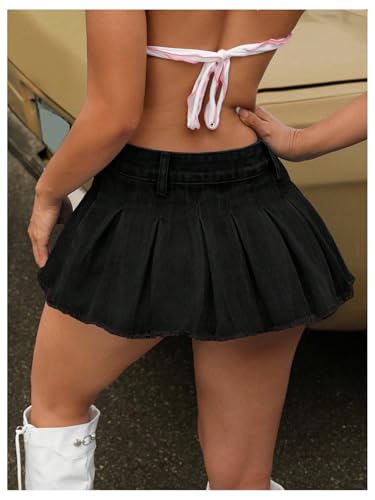 Women's Y2K Low Waist Pleated Denim Skirt Zipper Raw Hem Mini Skirt Casual Ruffle Jean Skirt2