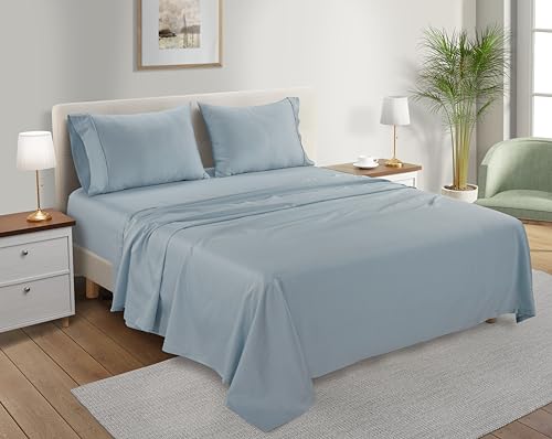 CHATEAU HOME COLLECTION Organic Cotton Sheets Queen Size Bed Set Deep Pockets, 300 TC Cotton Queen Sheet Set, Soft Breathable Elasticated Sheet & Pillowcase Sets, Machine Washable- Light Blue