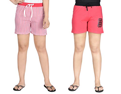Image of Club A9 Women's Cotton Printed Shorts | Short Pants | Hot Pants (Pack of 2) (L, Pink Stripe, Dark Pink)