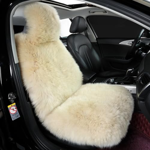OGLAND Fluffy Sheepskin Car Seat Cover-Fuzzy Fur Auto Cushion for Universal Automotive Protector (Linen Color, 1 Pcs Front Seat Cover)