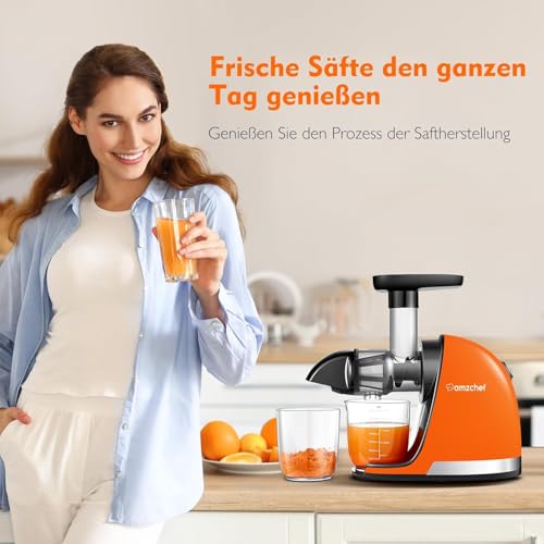 Image of AMZCHEF Juice Extractor - Fruit and Vegetable Juice Extractor - BPA Free Cold Juicer with 2 Cups and Brush - Reverse Chew Function to Prevent Blocks - Bright Orange