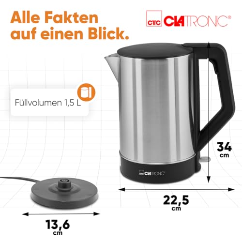 Foto von Clatronic® Wasserkocher Edelstahl | 1,5 Liter | BPA frei | Einhandbedienung | Edelstahlgehäuse | Kettle | Station mit Kabelaufwicklung | Wasserkocher schwarz | WKS 3692 schwarz