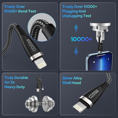 Image of COSTAR USB-A to 8 Pin Charging Cable, 3A Fast Charger Nylon Braided Cable, Data Sync Transfer For iPhone 14 /Pro Max /13 /12 /12 Pro,11,Mini, X, 8,7,6(Black,2m)