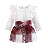 Noubeau Toddler Baby Girls Plaid Outfits Knit Ribbed Sweatshirt Shirt Tops Red Plaid Belt Skirt Fall Winter Clothes (White, 3-4T)